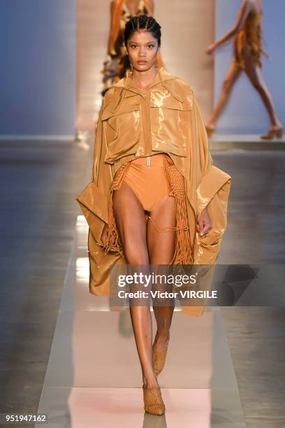 Model walks the runway at the Lenny Niemeyer Spring Summer 2019 fashion show during the SPFW N45 on April 25, 2018 in Sao Paulo, Brazil.