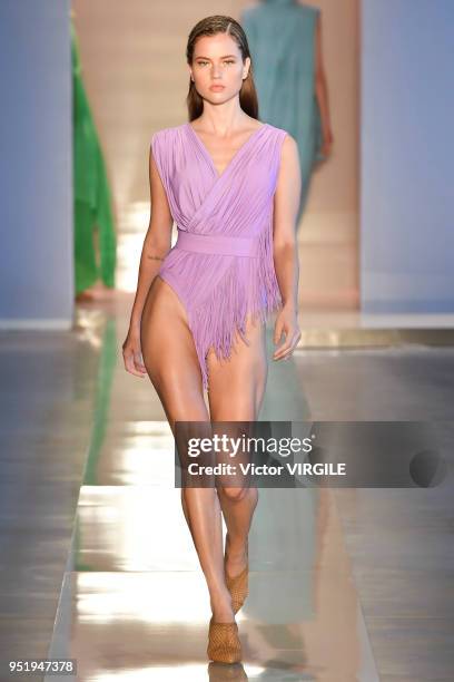 Model walks the runway at the Lenny Niemeyer Spring Summer 2019 fashion show during the SPFW N45 on April 25, 2018 in Sao Paulo, Brazil.