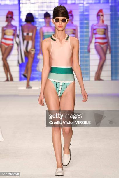 Model walks the runway at the Salinas Spring Summer 2019 fashion show during the SPFW N45 on April 25, 2018 in Sao Paulo, Brazil.