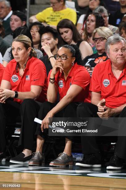 The coaching staff of the USA Women's National Team during the game against China on April 26, 2018 at the KeyArena in Seattle, Washington. NOTE TO...