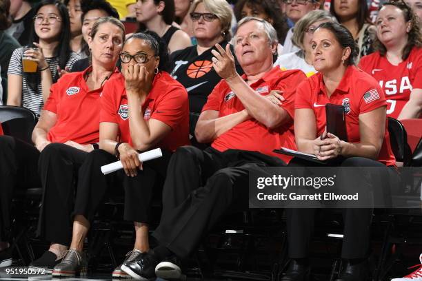 The coaching staff of the USA Women's National Team during the game against China on April 26, 2018 at the KeyArena in Seattle, Washington. NOTE TO...