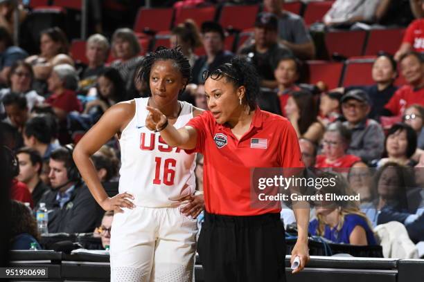 Kelsey Mitchell and Dawn Staley of the USA Women's National Team during the game against China on April 26, 2018 at the KeyArena in Seattle,...