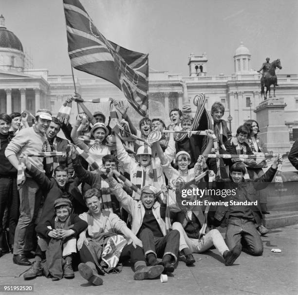 Supporters of Manchester United FC in London for the European Cup final, Trafalgar Square, London, UK, 29th May 1968.