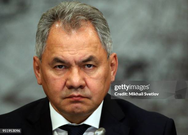 Russian Defence Minister Sergei Shoigu attends a meeting at Russian Geographic Society on April 27, 2018 in Saint Petersburg, Russia. Russian...