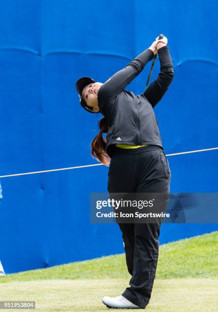 Yongin Chun of the United States drives from the 10th hole during the first round of the 2018 LPGA MEDIHEAL Championship on April 26, 2018 at the...