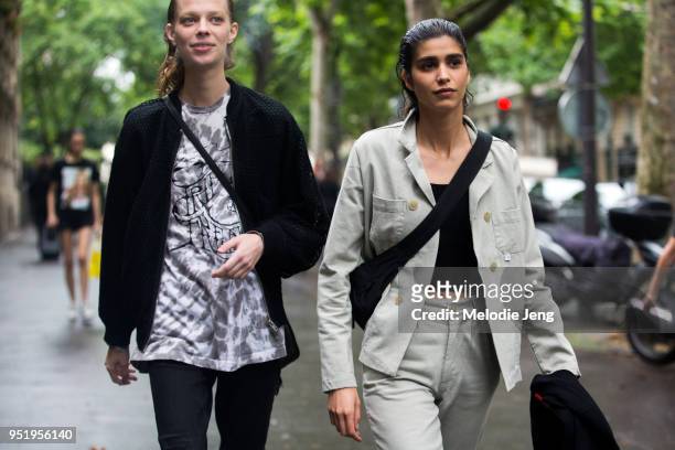 Models Lexi Boling, Mica Arganaraz exit the Proenza Schouler show on July 02, 2017 in Paris, France. Lexi keeps the thin eye brows from the show....