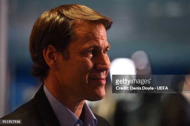 Rudi Garcia, manager of Olympique de Marseille smiles while being interviewed in the flash area after the UEFA Europa League Semi Final First leg...