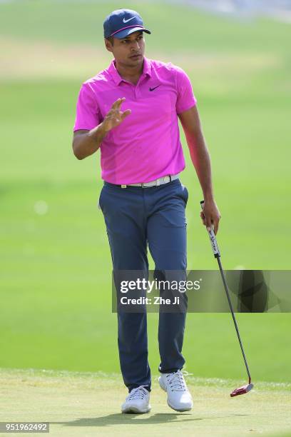 Julian Suri of The United States plays a shot during the day two of the 2018 Volvo China Open at Topwin Golf and Country Club on April 27, 2018 in...