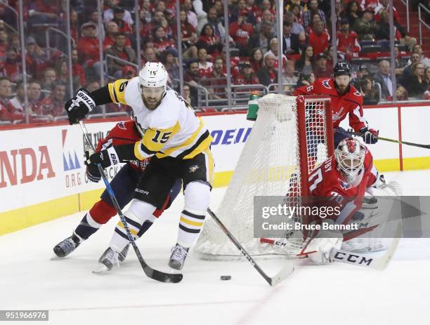 Riley Sheahan of the Pittsburgh Penguins skates against the Washington Capitals in Game One of the Eastern Conference Second Round during the 2018...