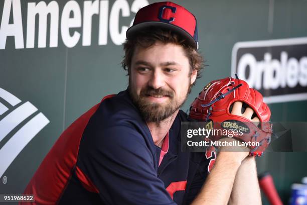 Andrew Miller of the Cleveland Indians looks on during batting practice of a baseball game against the Baltimore Orioles at Oriole Park at Camden...