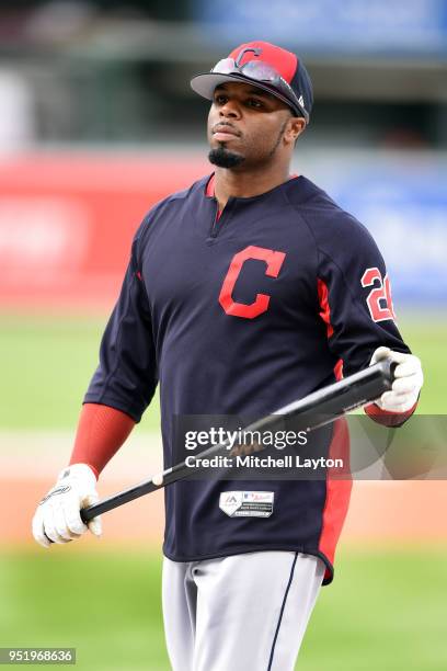 Rajai Davis of the Cleveland Indians looks on during batting practice of a baseball game against the Baltimore Orioles at Oriole Park at Camden Yards...