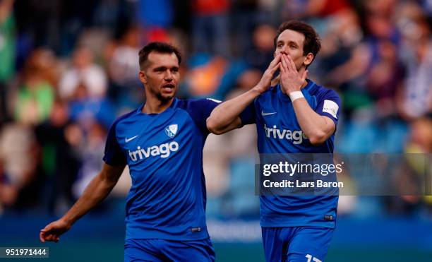 Robbie Kruse of Bochum celebrates with team mates after scoring his teams first goal during the Second Bundesliga match between VfL Bochum 1848 and...