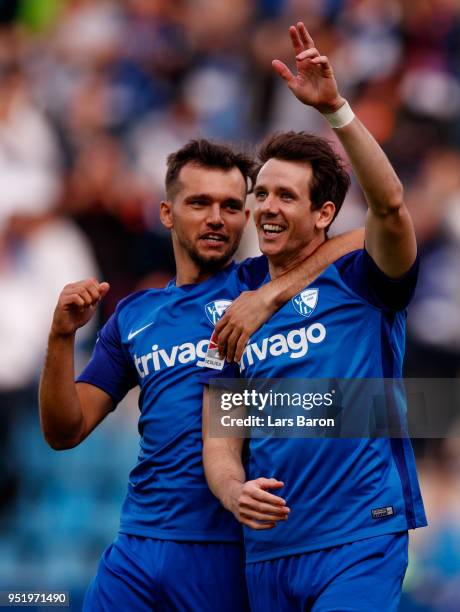 Robbie Kruse of Bochum celebrates with team mates after scoring his teams first goal during the Second Bundesliga match between VfL Bochum 1848 and...