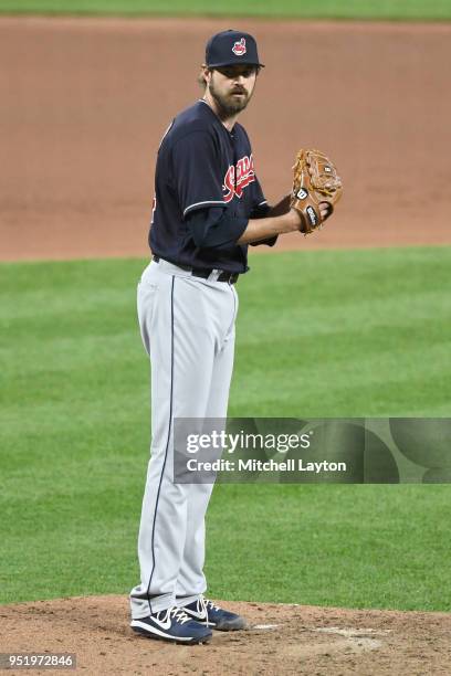 Andrew Miller of the Cleveland Indians pitches during a baseball game against the Baltimore Orioles at Oriole Park at Camden Yards on April 23, 2018...