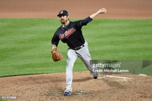Andrew Miller of the Cleveland Indians pitches during a baseball game against the Baltimore Orioles at Oriole Park at Camden Yards on April 23, 2018...