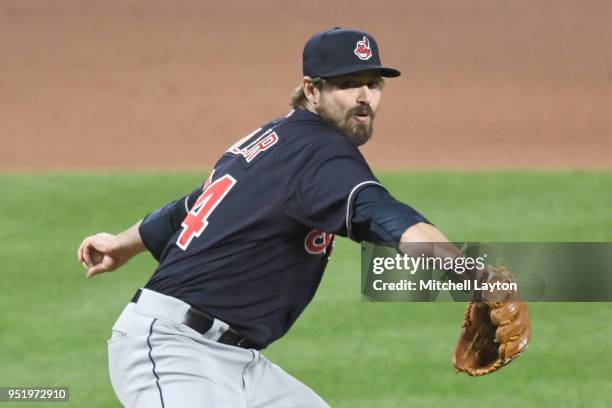 Andrew Miller of the Cleveland Indians pitches during a baseball game against the Baltimore Orioles at Oriole Park at Camden Yards on April 23, 2018...