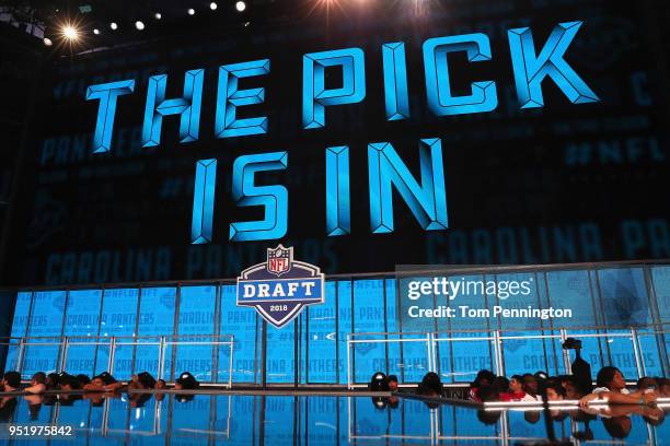 Video board displays the text "THE PICK IS IN" for the Carolina Panthers during the first round of the 2018 NFL Draft at AT&T Stadium on April 26,...