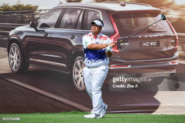 Kiradech Aphibarnrat of Thailand plays a shot during the day two of the 2018 Volvo China Open at Topwin Golf and Country Club on April 27, 2018 in...