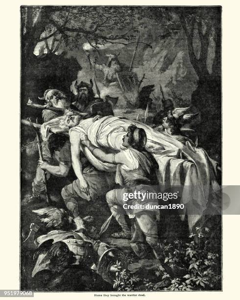 ilustraciones, imágenes clip art, dibujos animados e iconos de stock de entierro de un guerrero vikingo - funeral