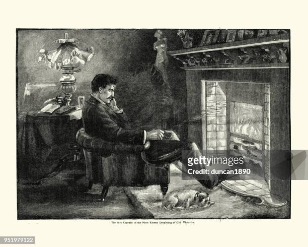victorian man relaxing before a fire thinking of former glories - warming up stock illustrations