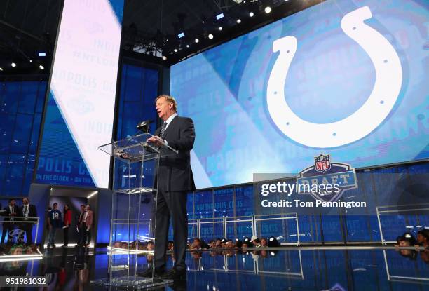 Commissioner Roger Goodell announces a pick by the Indianapolis Colts during the first round of the 2018 NFL Draft at AT&T Stadium on April 26, 2018...