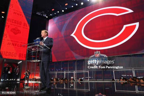 Commissioner Roger Goodell announces a pick by the Chicago Bears during the first round of the 2018 NFL Draft at AT&T Stadium on April 26, 2018 in...