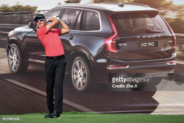 Li Haotong of China plays a shot during the day two of the 2018 Volvo China Open at Topwin Golf and Country Club on April 27, 2018 in Beijing, China.