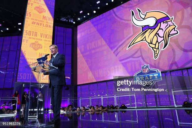 Commissioner Roger Goodell announces a pick by the Minnesota Vikings during the first round of the 2018 NFL Draft at AT&T Stadium on April 26, 2018...