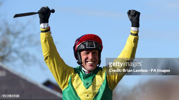 Jockey Robbie Power celebrates winning the BETDAQ 2\% Commission Punchestown Champion Hurdle onboard Supasundae during day four of the Punchestown...