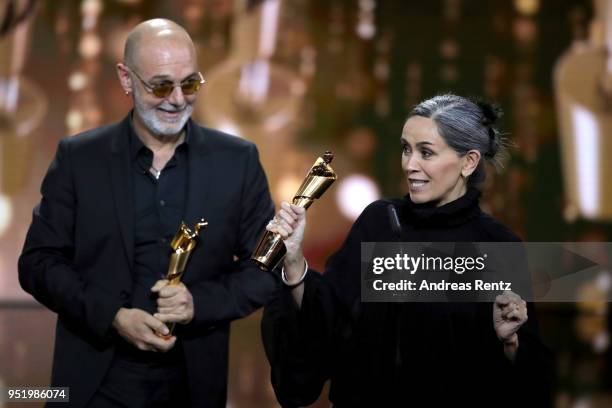 Massimo Gattabrusi and Morag Ross accept their award 'Best Makeup' for the movie 'Manifesto' on stage during the Lola - German Film Award show at...