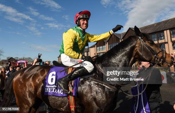 Kildare , Ireland - 27 April 2018; Robbie Power on Supasundae celebrates winning The BETDAQ 2% Commission Punchestown Champion Hurdle at Punchestown...