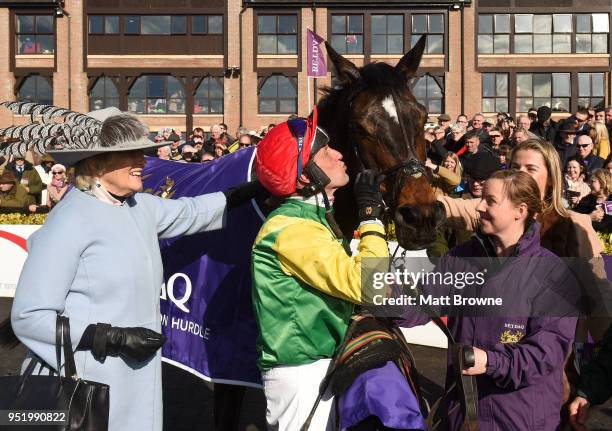 Kildare , Ireland - 27 April 2018; Jockey Robbie Power kisses Supasundae after winning The BETDAQ 2% Commission Punchestown Champion Hurdle at...