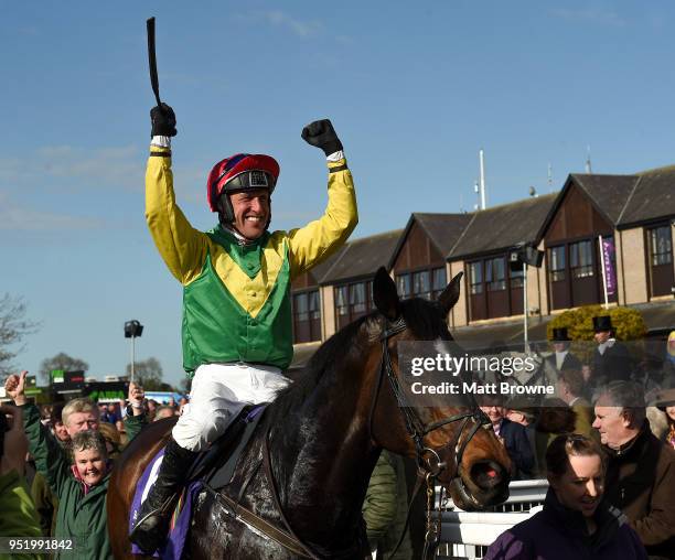 Kildare , Ireland - 27 April 2018; Jockey Robbie Power celebrates as he enters the winners' enclosure after winning The BETDAQ 2% Commission...