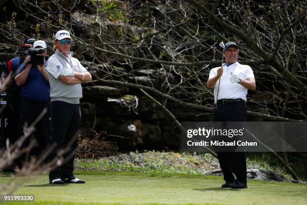 Jose Maria Olazabal of Spain reacts to his shot as Miguel Angel Jimenez of Spain looks on during the final round of the PGA TOUR Champions Bass Pro...