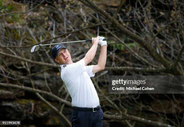 David Toms hits a tee shot during the final round of the PGA TOUR Champions Bass Pro Shops Legends of Golf at Big Cedar Lodge held at Top of the Rock...