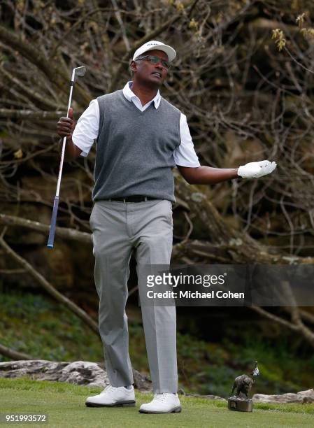 Vijay Singh of Fiji Islands reacts to his tee shot during the final round of the PGA TOUR Champions Bass Pro Shops Legends of Golf at Big Cedar Lodge...