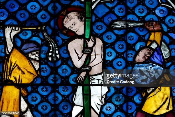 Our Lady of Strasbourg Cathedral. Stained glass window. Christ in his passion. The flagellation. 14th century. Strasbourg, France.