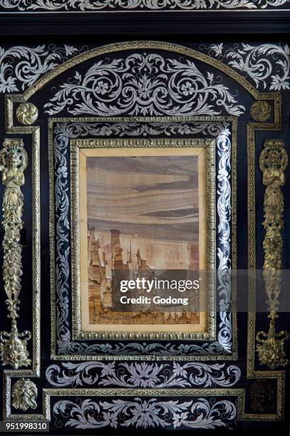 Vaux-le-vicomte castle. King's closet. Inlaid ebony and marquetry cabinet . France.