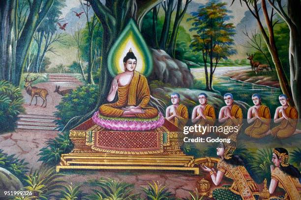 Fresco depicting the Buddha with followers in Wat Chiang Mun, Chiang Mai. Thailand.