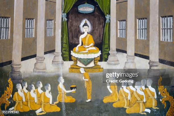 Fresco depicting a scene of the Buddha's life in Wat Phra Doi Suthep, Chiang Mai. Buddha with his sangha. Thailand.