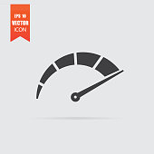 Speedometer icon in flat style isolated on grey background.