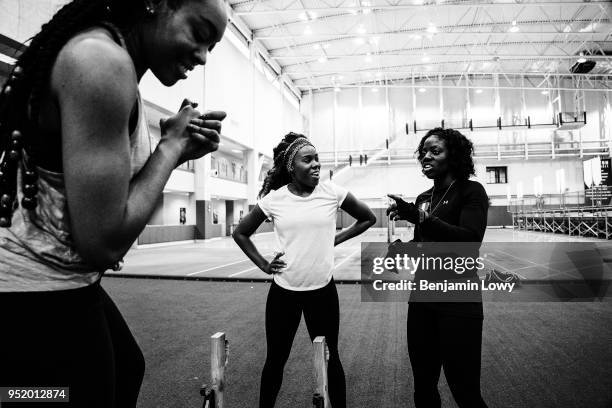 Members of Nigeria's bobsled team train for the 2018 Winter Olympics in Houston, Texas on December 12, 2012. Seun Adigun, Ngozi Onwumere, and Akuoma...