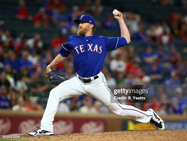 Jake Diekman of the Texas Rangers throws in the eight inning against the Oakland Athletics at Globe Life Park in Arlington on April 24, 2018 in...