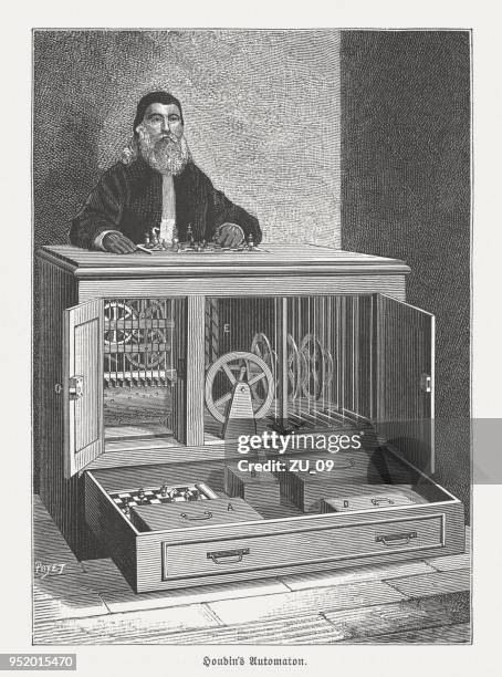 automaton chess player by robert-houdin (1805-1871), wood engraving, published 1888 - turkish people stock illustrations