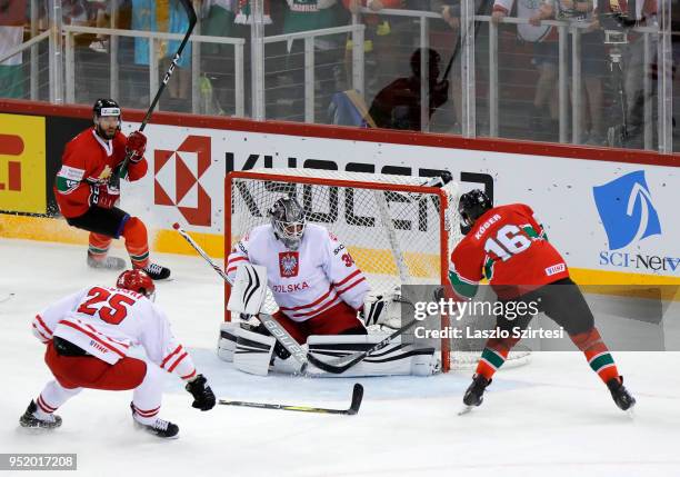 Daniel Koger of Hungary shoots next to goalie Przemyslaw Odrobny of Poland and Mikolaj Lopuski of Poland during the 2018 IIHF Ice Hockey World...