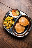 Masala Aloo Sabzi also known as Bombay potatoes served with fried puri Or Poori in a steel plate, selective focus
