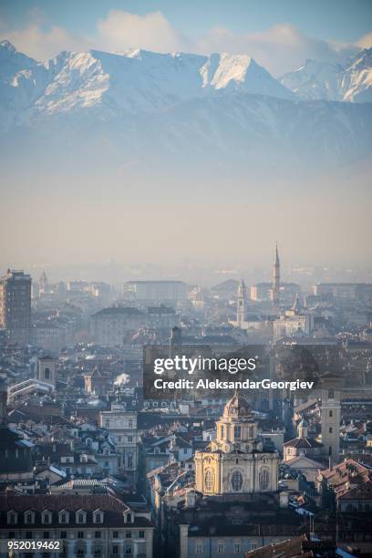 panoramic view of turin and snowy italian alps - turin stock pictures, royalty-free photos & images