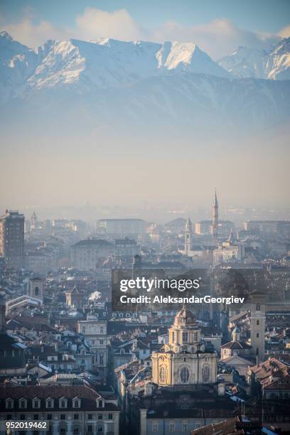 panoramic view of turin and snowy italian alps - turin church stock pictures, royalty-free photos & images