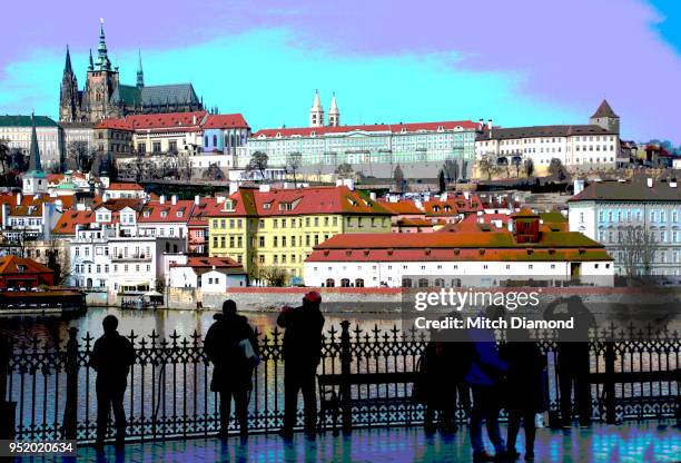 prague tourists overlooking the city - prague castle foto e immagini stock