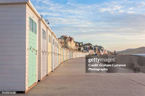 lyme regis beach huts - cabana stock pictures, royalty-free photos & images